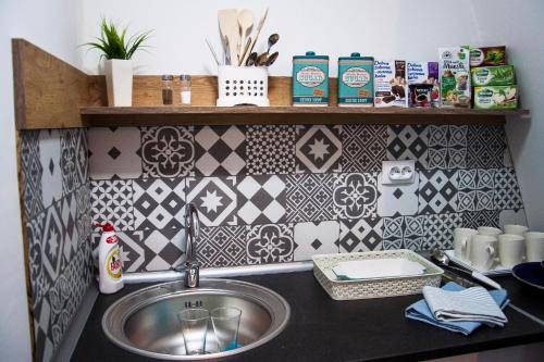 a kitchen counter with a sink and a tiled wall at Family apartments in Novi Sad