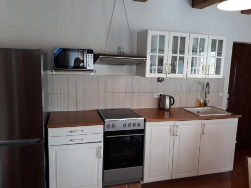 eine Küche mit weißen Schränken und einem schwarzen Gerät in der Unterkunft Apartmány Hradiště in Znojmo