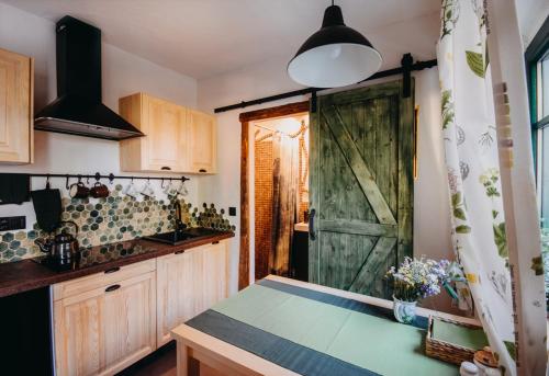 cocina con puerta verde y encimera de cocina en Jama Jagodna en Spalona