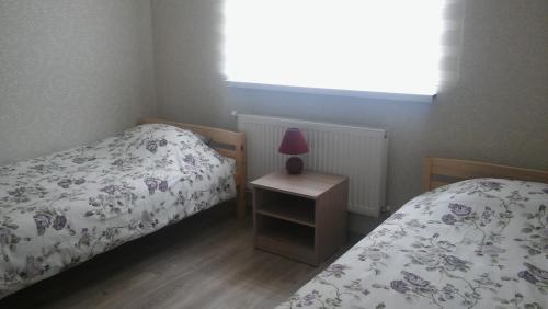 a bedroom with two beds and a lamp on a night stand at Centra House in Rēzekne