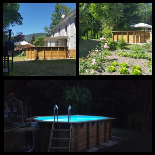 trois photos d'une arrière-cour avec une piscine et un jardin dans l'établissement Gite de Papy TOUALY, à Bussang