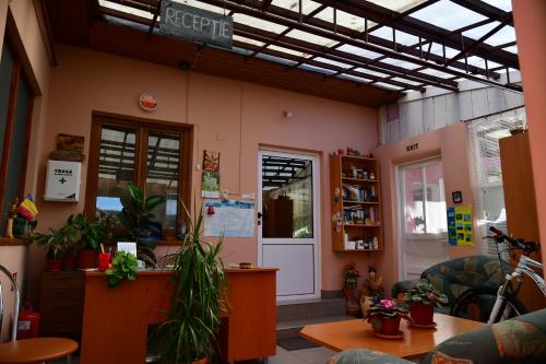 ein Zimmer mit einem Geschäft mit Pflanzen und einer Tür in der Unterkunft Pensiunea Cristina si Pavel in Sighişoara