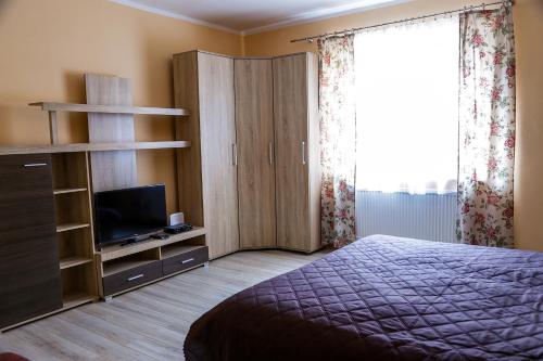 Un dormitorio con una cama y un televisor y una ventana. en Ubytovanie u Anny, en Banská Štiavnica