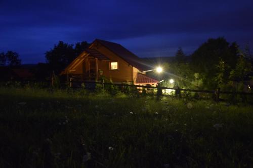a cabin in a field at night with a light at Agroturystyka ZIELONA ZAGRODA w Kosztowej in Dubiecko