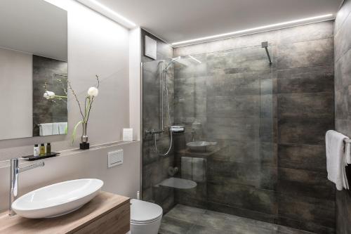 a bathroom with a shower and a toilet and a sink at wolke 4 in Büren an der Aare