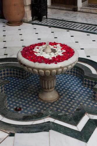 a fountain filled with red flowers on a sidewalk at Dar Sohane in Marrakesh