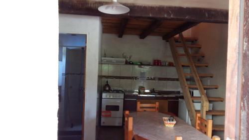 科尔多瓦Cabañas Kehuen的一间厨房,里面配有桌子和梯子