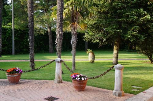 two flower pots chained to trees with a dog in the background at La Brigata Apartments Orange House in Cavallino-Treporti