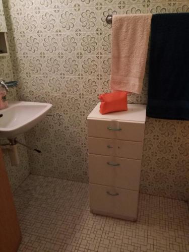 baño con lavabo y encimera con toalla en Gastzimmer für Übernachtung Гостевая комната, en Oberbipp