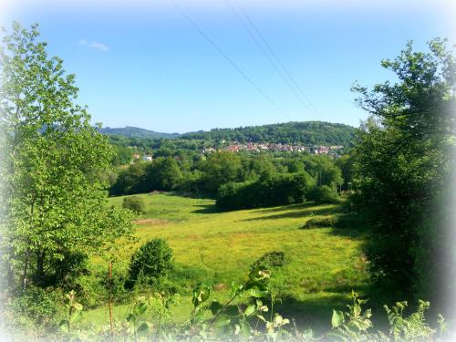 a green field with trees and a town in the distance at Saint Moreil Gite in Saint-Moreil