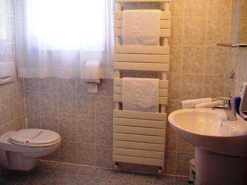 a bathroom with a toilet and a sink at Hotel Zlatni Lav in Martinšćica