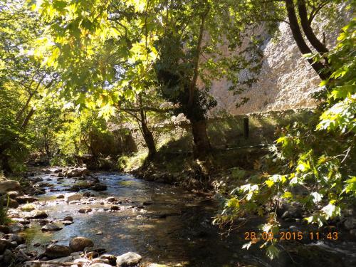 a river with rocks and trees and a bridge at Guesthouse Eleftherios in Kalavrita