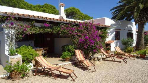 a group of chairs and flowers in front of a house at Appartamentos Michel Dos in Sant Ferran de Ses Roques