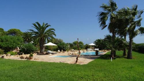 un complejo con piscina y palmeras en Appartamentos Michel Dos, en Sant Ferran de Ses Roques