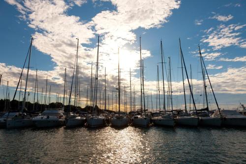 a group of sailboats docked in a marina with the sun setting at Apartment Vilma Funtana in Funtana