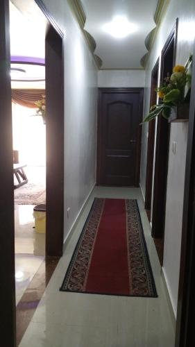 a hallway with a red rug in front of a door at Stanley Bridge Apartment in Alexandria
