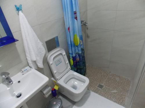 Un baño con lavabo, inodoro y ducha. en Elvin Apartments, en Sarandë
