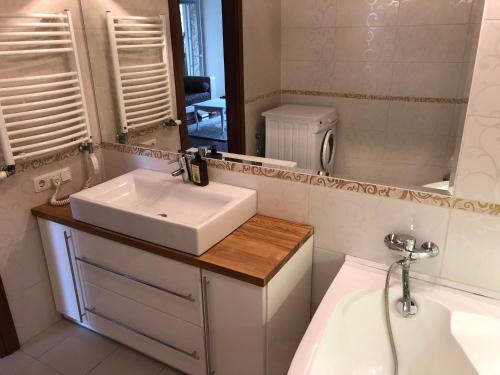 bagno con lavandino e specchio di Mantas apartments a Šiauliai