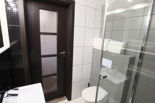 a bathroom with a toilet and a glass shower at Apartament Stary Port 1 in Bydgoszcz