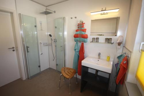 a bathroom with a sink and a shower at Ferienwohnung Loreley in Lierschied