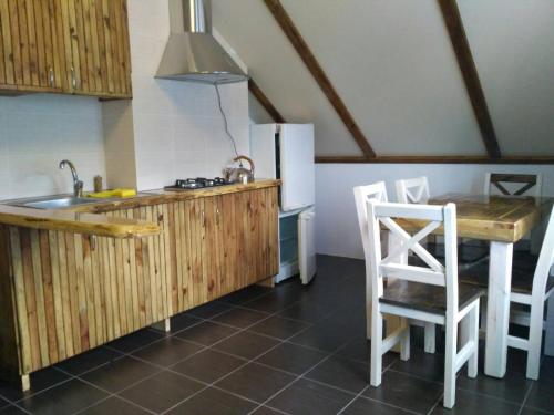 a kitchen with a sink and a table and a refrigerator at Cisarska sadyba in Svityazʼ