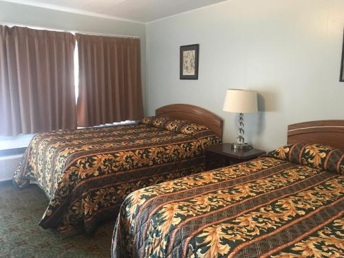 una habitación de hotel con 2 camas y una lámpara en Lone Pine Motel, en Garberville