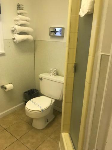 La salle de bains est pourvue de toilettes blanches. dans l'établissement Lone Pine Motel, à Garberville