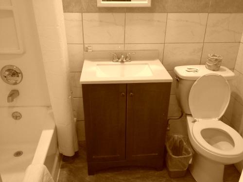 La salle de bains est pourvue d'un lavabo, de toilettes et d'une baignoire. dans l'établissement Economy Inn Tonawanda, à Tonawanda