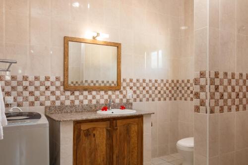bagno con lavandino, servizi igienici e specchio di Shanaz Beachside Retreat ad Anse Royale