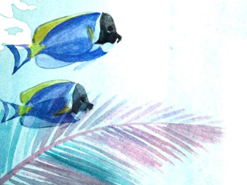 a painting of two blue fishes and a palm leaf at La'gent Hotel Okinawa Chatan Hotel and Hostel in Chatan