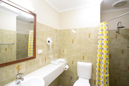 a bathroom with a toilet and a sink and a mirror at Six Degrees Motel in Albany