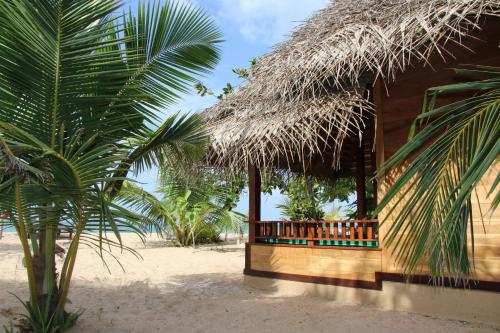 a hut on the beach with a palm tree at Shiva's Beach Cabanas in Tangalle