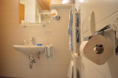 a bathroom with a sink and a toilet paper roll at Haus Brigitte in Fuschl am See