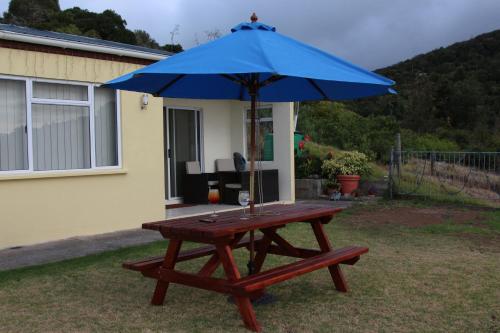 a picnic table with a blue umbrella in a yard at Richards Travel Lodge in Jamestown