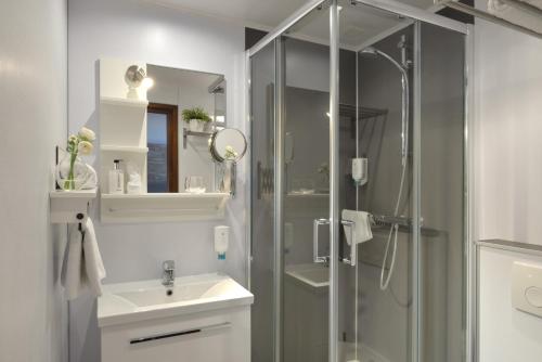 a bathroom with a glass shower and a sink at Hotel Schilberg in Slenaken