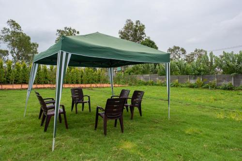 a group of chairs under a green canopy in a field at Trippr Chikkamagaluru in Chikmagalūr