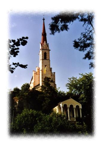 a church steeple with a cross on top of it at Villa Wellness Homes in Mötz