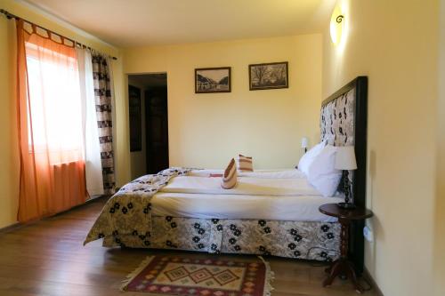 Un dormitorio con una cama grande y una ventana en Hotel Transilvania en Sighişoara