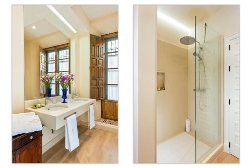 two images of a bathroom with a sink and a shower at Palacio Bucarelli in Seville