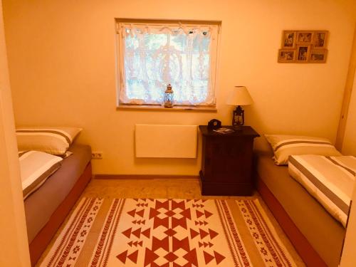 a bedroom with two beds and a window and a rug at Blockhaus im Kuckuckswinkel in Schöna