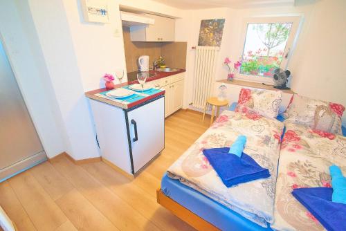 a living room with a couch and a kitchen at New West Station in Interlaken