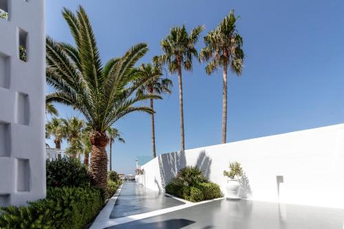 a white building with palm trees in the background at Mykonos Blanc - Preferred Hotels & Resorts in Ornos