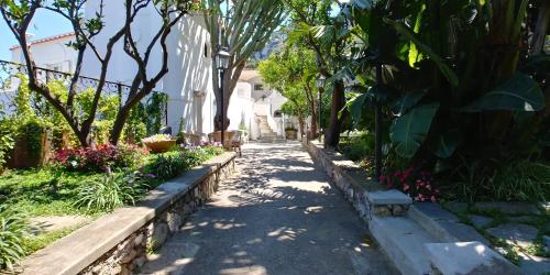 a walkway through a garden with flowers and trees at Casa Gaia in Capri