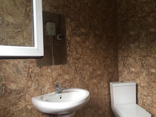 a bathroom with a sink and a mirror and a toilet at Private Cottage at the Black sea in Shekvetili