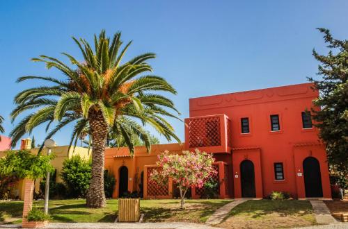 a palm tree in front of a red building at Colina Village in Carvoeiro