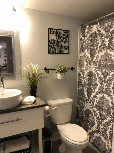 a bathroom with a toilet and a sink and a shower at Ocean Manor 1100 Inn in Ocean City