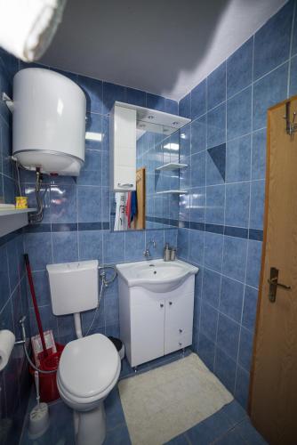 a blue tiled bathroom with a toilet and a sink at Holiday Home Emir in Račić