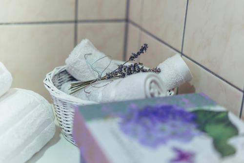 a basket of towels and a book on a counter at Music Time Apartment in Imotski