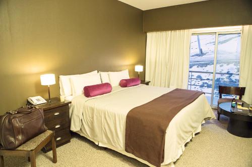 Habitación de hotel con cama y ventana en Virgo Hotel & Spa en Las Lenas