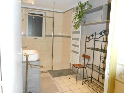 a bathroom with a shower with a chair and a sink at Villa Agapenthe in Cluny